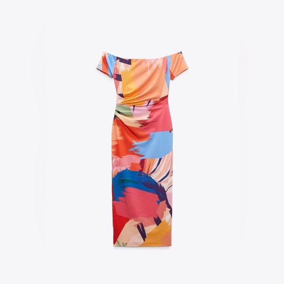 Zara blogger favorite abstract color print bodycon off shoulder dress NWT - Picture 4 of 4
